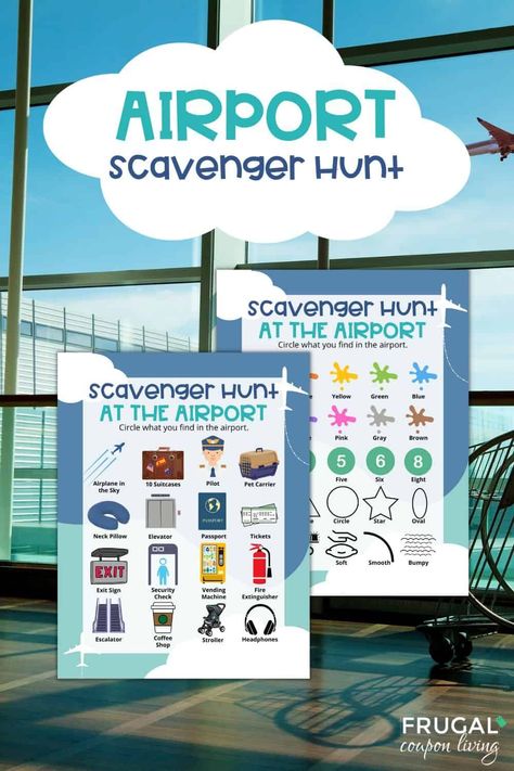 Want to pass time at the airport with kids using something easy and fun? Take a look at these creative airport activities including fun printable airport scavenger hunts for kids. Print this airport treasure hunt, take it on your trip, and turn your layover into a game. These airport boredom busters can be laminated and used over and over with every airport layover with the kids. Dowload, print and play. #FrugalCouponLiving Airport Scavenger Hunt, Airport Layover, Indoor Scavenger Hunt, Classroom Party Games, Airplane Games, Airplane Activities, Travel Printables, In The Airport, Family Party Games