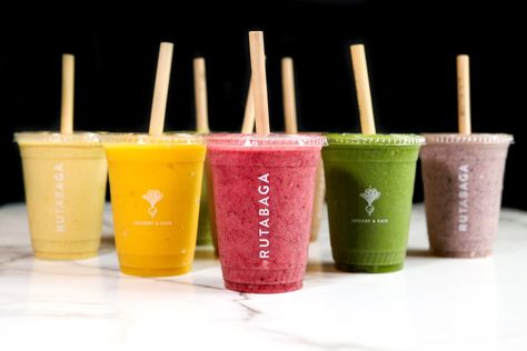 Superfood Smoothies & Cold-pressed Juice — RUTABAGA Smoothie Cup Packaging, Juice And Smoothie Bar Design, Smoothie Cups To Go, Smoothie Cup Design, Juice Shop Ideas, Smoothie Shop Design, Cold Pressed Juice Packaging, Juice Cup Design, Smoothies Packaging