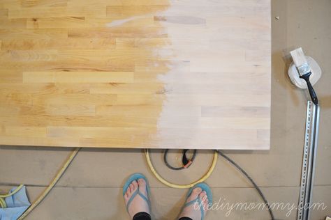 How to White Wash Stain and Seal a Butcher Block Countertop Kitchen Countertops Butcher Block, Stained Butcher Block, Countertops Butcher Block, Diy Wood Countertops, White Wash Stain, White Washed Furniture, Rustic Counter, Cheap Countertops, Butcher Block Counter