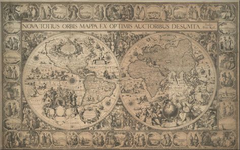 Pieter van den Keere (1571-c. 1646), Dutch / 1611 two hemisphere world map in which decorative cartouches fill much of the Southern Ocean and the interior of North America, including an image of explorers Christopher Columbus, Ferdinand Magellan and Amerigo Vespucci reading a map, as well as bordering the map / Sutro Library, California State Library, USA Constellation Map, Earth Map, Southern Ocean, Ancient Maps, Map Globe, Nautical Chart, Compass Rose, Empty Spaces, Vintage Junk Journal