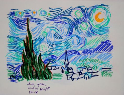 Sketch of original Starry Night in the MoMA color pencil Jessica Siemens 2011small Color Pencil Painting Ideas, Pencil Color Illustration, Colored Pencil Art Simple, Color Pencil Illustration Simple, Color Pencil Illustration Sketches, Color Pencil Art Drawings, Color Pencil Sketches, Sketch Color Pencil, Colored Pencil Sketches