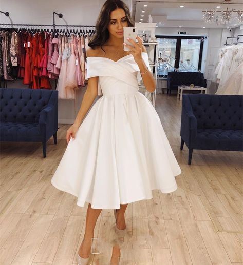 Wedding Dress Satin, Short Bride, Off Shoulder Wedding Dress, Tea Length Wedding, Gown For Women, Women Bride, Tea Length Wedding Dress, Wedding Dresses Satin, Bride Gowns