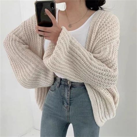 Estilo Harajuku, Fall Streetwear, Lantern Sleeve Sweater, Beige Vest, Oversized Sweater Cardigan, Y2k Sweater, Cardigan Beige, Winter Vest, Long Sleeve Knitted Cardigan