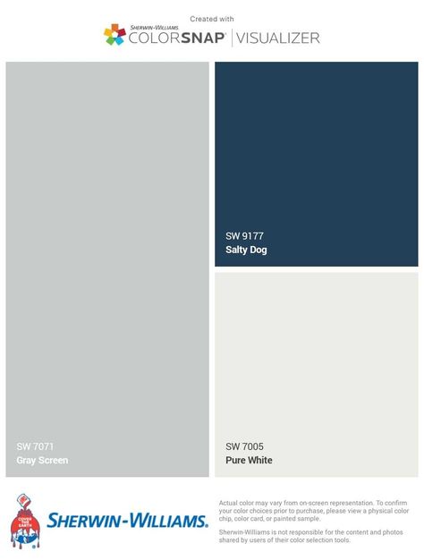 Gray screen with salty dog Light Gray Walls With Navy Accent Wall, Salty Dog Sherwin Williams Cabinets, Salty Dog Cabinets, Salty Dog Sherwin Williams, Blue Stucco House, Salty Dog Paint, Blue Grey Exterior House Colors, Grey Screen, Gray Screen