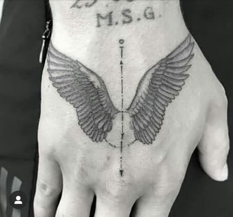 @Maluma Maluma Hand Tattoo, Wing Tattoo Hand, Wings Tattoo Hand, Wings Hand Tattoo, Small Tattoo Placement Ideas, Small Tattoos For Men, Wing Tattoo Men, Husband Tattoo, Wolf Tattoo Sleeve