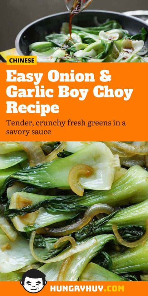 Easy Onion & Garlic Bok Choy Recipe - Hungry Huy Book Choy, Choy Recipes, Chinese Night, Miso Recipe, Vegetable Recipe, Quick Dishes, Vegetarian Sides, Vegetarian Side Dishes, Dressing Recipes