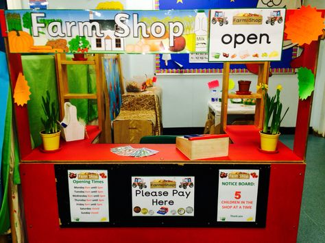 Role play - farm shop Farm Display Eyfs, Farmers Market Role Play Eyfs, Fruit And Veg Shop Role Play Eyfs, Farm Shop Role Play, Farm Shop Role Play Eyfs, Farm Themed Dramatic Play Area, Farm Eyfs, Eyfs Role Play, Role Play Areas Eyfs