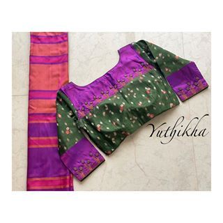 Double Colour Blouse Design, Computer Embroidery Designs, Blue Blouse Designs, Fruit Kebabs, Patch Work Blouse Designs, Boat Neck Blouse Design, Computer Works, Cotton Blouse Design, Best Blouse Designs