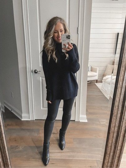 Black Sweater With Black Leggings, Black Sweater Leather Leggings Outfit, Bootie Outfits Winter, All Black Leggings Outfit Winter, Black Leggings With Black Boots, Black Tunic Sweater Outfit, Black Leather Leggings Outfit Winter, Leather Leggings Outfit Christmas, Faux Leggings Outfit Night