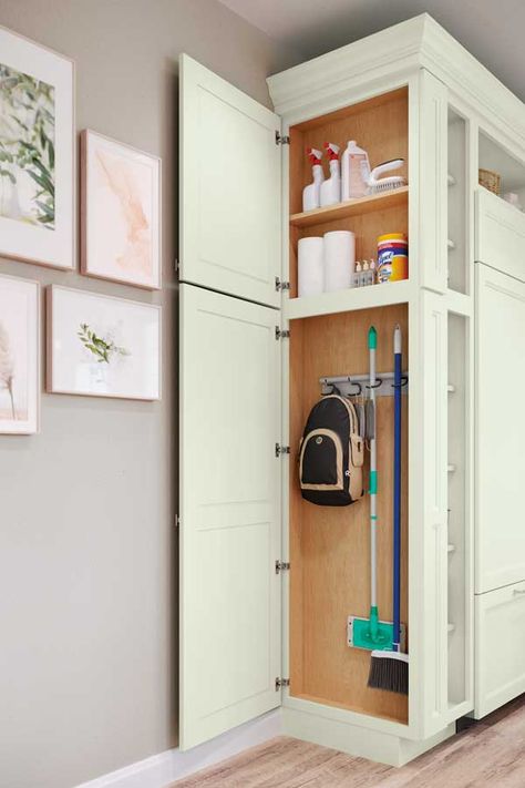 broom closet cabinet - Google Search Broom Pantry Cabinet, Utility Cabinet In Kitchen, Broom Closet On End Of Cabinet, Kitchen Cabinet For Brooms, Narrow Cleaning Cabinet, Cleaning Closet In Kitchen, Side Cabinet Broom Closet, Broom Closet Kitchen Cabinet, Kitchen Cabinet Broom Storage