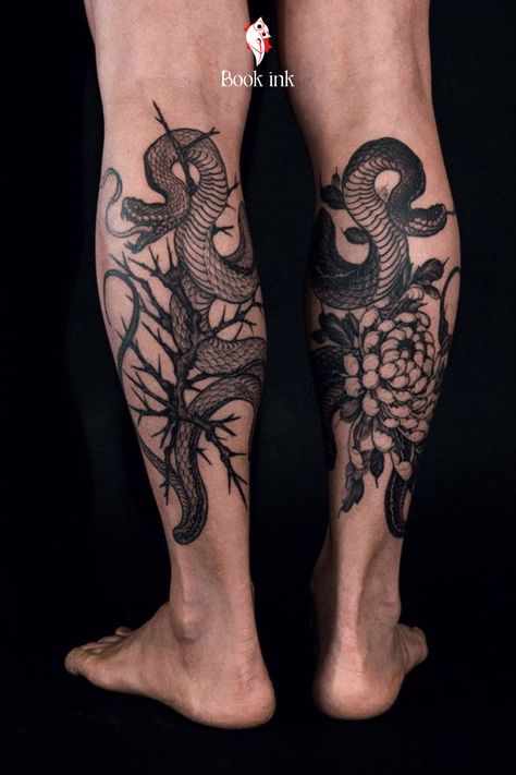 Matching snake with flowers leg tattoos. Blackwork floral tattoo leg tattoo for men. #SnakeTattoo #LegTattoo #BlackworkTattoo #InkedMen Behind Calf Tattoo, Men Shin Tattoo, Matching Shin Tattoos, Snake Calf Tattoo, Floral Tattoo Leg, South Korea Tattoo, Snake Tattoo Leg, Front Leg Tattoo, Snake Leg Tattoo