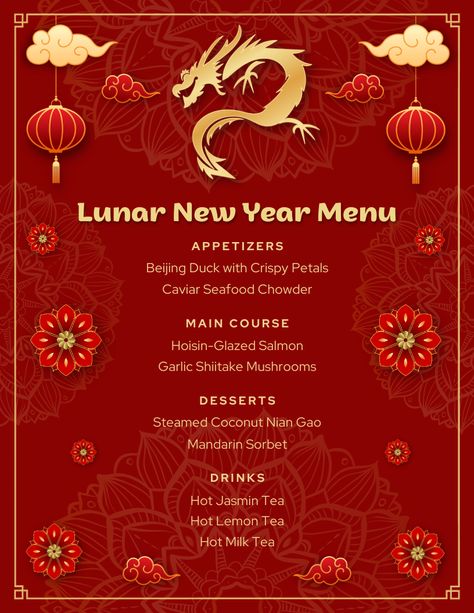 Use this customizable Red Gold Traditional Chinese Lunar New Year Menu template and find more professional designs from Canva. #gold #red #modern #illustrated #dragon #menu #chinese #newyear #chinesenewyearmenu #2024 #chinesemenu #happylunaryear #lunar #business #canva #template #event #kids #holiday #party Chinese New Year Pubmat, Chinese New Year Menu Design, Chinese New Year Invitation, Chinese New Year Template, Lunar Year 2024, Chinese Menu Design, Lunar New Year Illustration, Lunar New Year 2024, Mandarin Sorbet