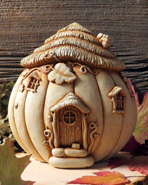 Fairy Garden Pumpkin, Fairy Pumpkin, Free Standing Sculpture, Fantastical Creatures, Clay Fairy House, Fairy Homes, Pumpkin House, Fairy House Diy, Clay Fairies