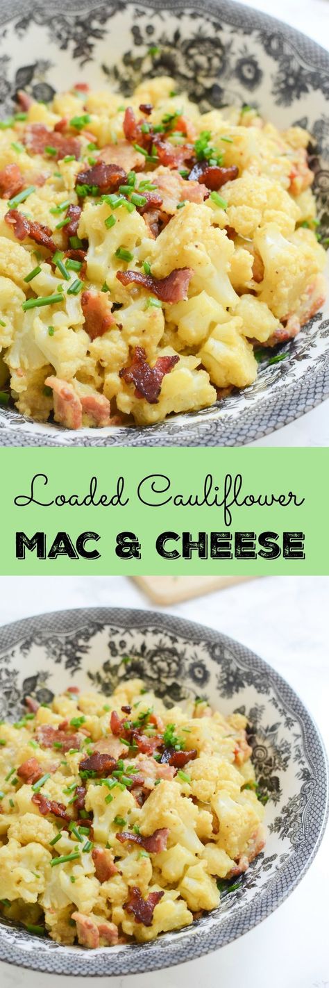 Loaded Cauliflower Mac and Cheese - cauliflower tossed in a delicious paleo cheese sauce and topped with bacon. Get your mac and cheese fix without the guilt! Paleo Cheese Sauce, Paleo Cheese, Loaded Cauliflower, Cauliflower Mac And Cheese, Food Vegetarian, Resep Diet, Think Food, Paleo Dinner, Cauliflower Recipes