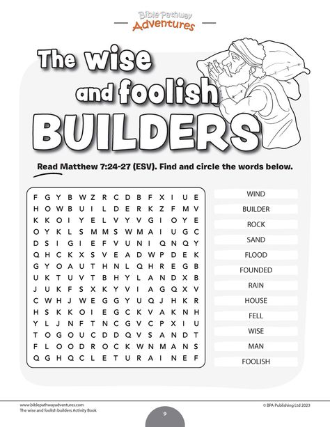 Wise And Foolish Builders Activities, The Wise And Foolish Builders, Wise And Foolish Builders, Sunday School Worksheets, Sunday School Songs, School Songs, Bible School Crafts, Bible Coloring Pages, Bible Lessons For Kids