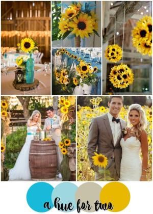 Turquoise and Sunflower Yellow Rustic Wedding Colour Scheme - Rustic Weddings - Country Weddings - Sunflowers - Summer Weddings - A Hue For Two | www.ahuefortwo.com by leticia Wedding Colour Schemes Rustic, Yellow Rustic Wedding, Sunflower Reception, Sept Wedding, Wedding Color Schemes Summer, Weddings Country, Rustic Wedding Colors, Rustic Sunflower Wedding, Best Wedding Colors