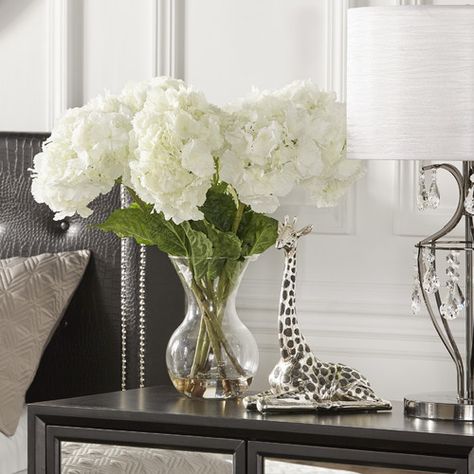 Found it at Joss & Main - Large Faux White Hydrangea in Glass Vase Brown Silk Fabric, Hydrangea Vase, Large Hydrangea, Peonies Centerpiece, Rose Floral Arrangements, Orchid Centerpieces, Hydrangea Centerpiece, Hydrangea Arrangements, Peonies And Hydrangeas