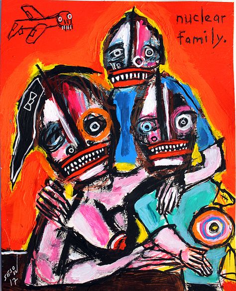 "nuclear family'  by washington, dc artist matt sesow.  see his latest at  new.sesow.com Matt Sesow, Jm Basquiat, Jean Michel Basquiat, Painting Collage, Unusual Art, Art Brut, Abstract Portrait, Naive Art, Arte Pop