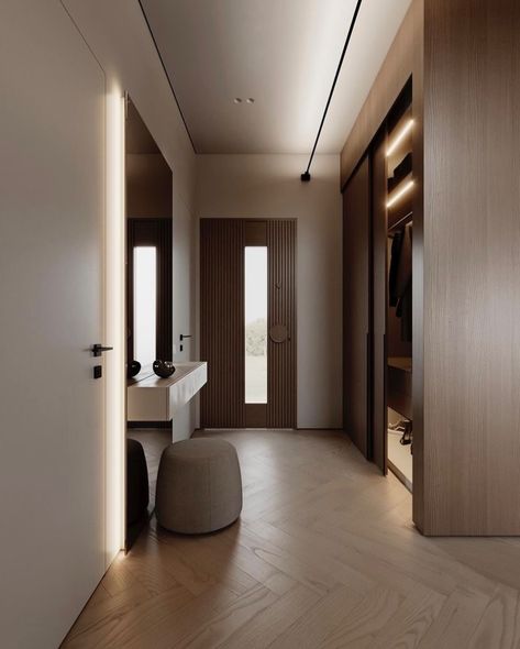 House Entrance Wardrobe, Interior Design Hallway Entrance, Modern Minimalist Hallway, Hall Wardrobe Ideas, Hallway Entrance Ideas, Hallway Flat, Corridors Design Home, Minimalist Entryway, Large Apartment