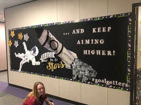 Space Graduation Theme, Reach For The Stars Graduation Theme, Reach For The Stars Bulletin Board, Star Graduation Theme, Grad Themes, Achievement Board, Graduation Bulletin Board, Graduation Posters, Star Bulletin Boards