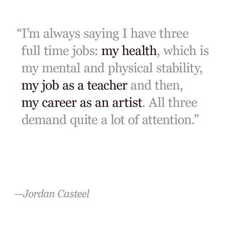 The Creative Independent on Instagram: "From the TCI archive 〰 Painter @jordanmcasteel discusses the process of trying to strike a variety of balances: between work and creativity, inspiration and expectation, and confidence and humility. Read the full interview via the link in the bio. 📓 *** ID: A roundup of quotes from an interview with painter Jordan Casteel that read… Slide 1: "I’m always saying I have three full time jobs: my health, which is my mental and physical stability, my job as a Jordan Casteel, Job Quotes, Creativity Inspiration, Full Time Job, My Health, My Job, Full Time, Life Hacks, Painter