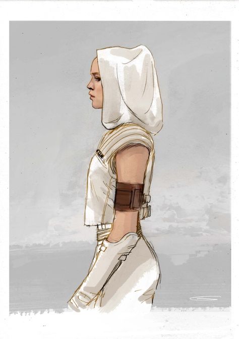 Starwars Outfit Drawing, Sci Fi Dress Concept Art, White Jedi Outfit, Female Jedi Outfit Concept Art, Star Wars Outfits Character Design, Star Wars Costume Design, Jedi Outfit Concept Art, Star Wars Aesthetic Clothes, Star Wars Oc Outfits