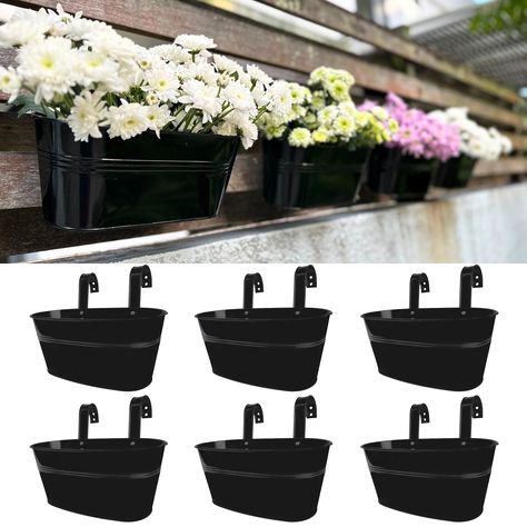 PRICES MAY VARY. 6-PACK SET: 9.8" black metal hanging planter with drainage holes, this is one of the smallest of the kind, check image for detailed dimension and pick the right size for your plants to prevent unpleasant experience and potential wastage on resources IMPROVED DESIGN: 1) Handle is attached to the flower bucket by screws which is stronger and lasting - no more broken handles 2) Detachable handles are adjustable with two ways to hang the planter over the rail. 3) With the small hole Window Railing, Fence Balcony, Window Box Plants, Metal Buckets, Boho Kitchen Decor, Wall Planters Indoor, Rectangle Planters, Balcony Planters, Balcony Window