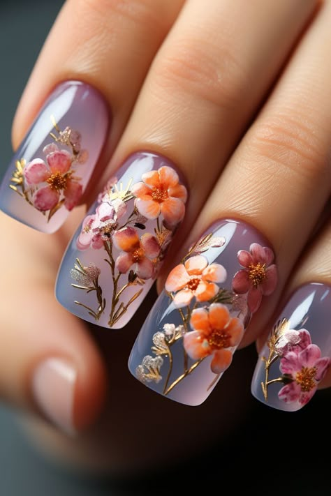 Hand Painted Flower Nails, Vietnamese Nail Design, Bouquet Nails, Botanical Nails, Nails Vibrant, Nail Aesthetics, Artistic Nails, Nails Floral, Nails Flower