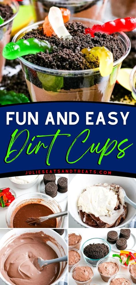 Want some easy-to-make sweet treats? These Dirt Cups with pre-made pudding and crushed Oreos are the perfect yummy desserts. Plus, it has only 5 ingredients and takes 10 minutes to make! Pin this recipe! Dirt Ice Cream Cups, Mud Pie Cups Dirt Cake, Easy Dirt Cup Recipe, Earth Day Dirt Cups, Homemade Dirt Cups, Chocolate Dirt Cups, Chocolate Pudding Dirt Cups, Dirt Salad Oreo, Live Bait Dirt Cups