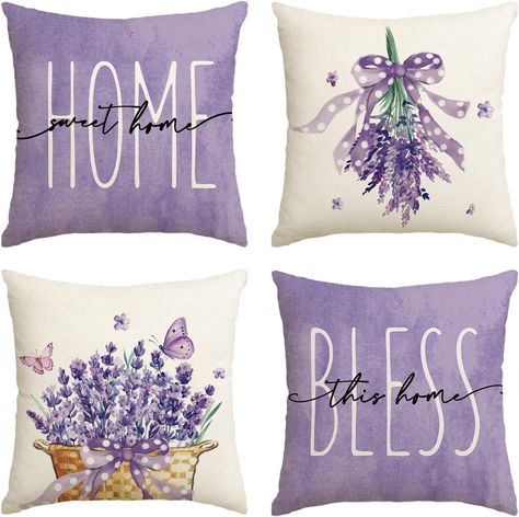 💜Welcome the spring vibe at home with 18 x 18 Inch Purple Cushion Case for Sofa Couch Set of 4💜Made of machine washable Polyester, comfortable & soft touch, no bleeding, fading or fraying issue Lavender Throw Pillows, Spring Throw Pillows, Purple Cushions, Purple Throw Pillows, Hiasan Bilik Tidur, Lavender Pillows, Spring Pillows, Sofa Bed Decor, Summer Pillows