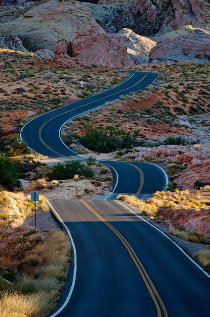 Ribbon of Adventure, Valley of Fire State Park, Nevada.  Turn off this road and visit Valley of the Fire.  Most spectacular, under-rated rock formations you will ever see.  Rainbow hills, huge rocks of orange color, white sands  and a surprise of a different color around every curve. Letchworth State Park, Empty Road, Valley Of Fire State Park, Beautiful Roads, In The Middle Of Nowhere, Scenic Roads, Valley Of Fire, Middle Of Nowhere, Winding Road