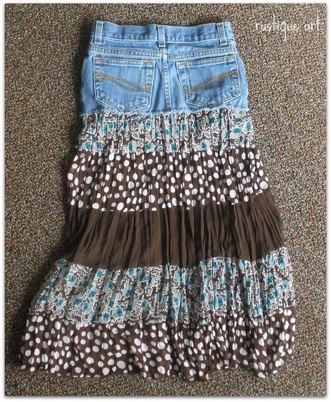 Recycle old blue jeans into a skirt.  This skirt uses one pair of blue jeans and an dress, both recycled to make this adorable skirt.. Jeans Into A Skirt, Upcycled Skirt, Diy Skirts, Old Dress, Blue Jeans Crafts, How To Make Skirt, Skirt Tutorial, Denim Projects, Denim Ideas