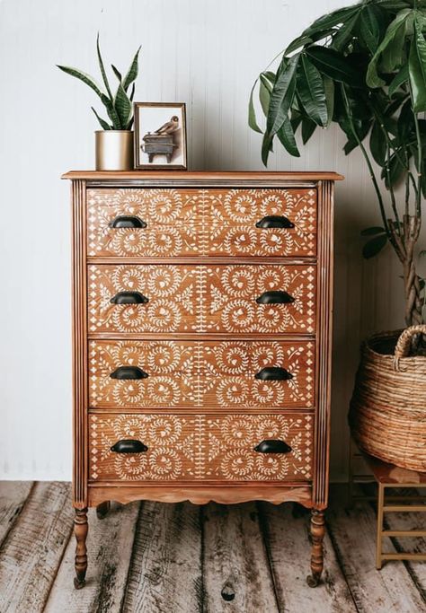 Boho Diy Dresser, Boho Painted Furniture Dressers, Boho Antique Furniture, Decoupage Wall Decor, Boho Dresser With Mirror, Woodland Dresser Makeover, Walmart Dresser Makeover, Wood Dresser Refinish, Boho Vintage Dresser