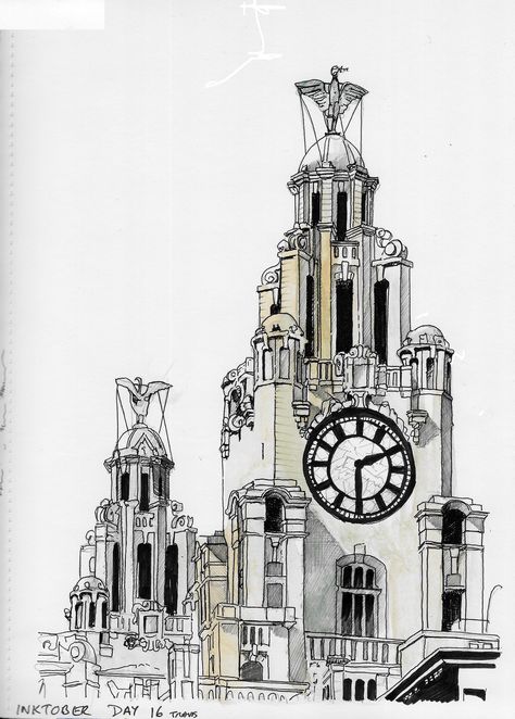 Day 16 of the INKTOBER Challenge Liver building in Liverpool. Today used a brush pen and grey and black unipn pens combined with watercolour wash on A4 paper. Drawn initially in pencil. Building Pen Drawing, Liverpool Drawing, Building Tattoo, Liver Building, Liverpool Skyline, St Georges Hall, Skyline Drawing, Watercolour Wash, Inktober Challenge