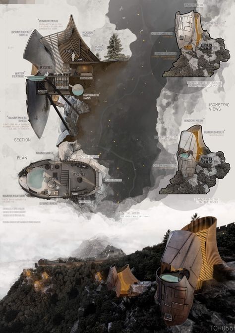 The Cliff Hut Design: On The Rocks by Ab|Futuristic Cliffside House, Hut Design, Conceptual Drawing, Architecture Panel, Luxurious Lifestyle, Ark Survival Evolved, Building Concept, Architecture Concept Drawings, The Cliff