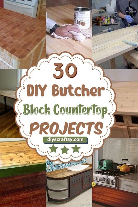 DIY Butcher Block Countertop 2x4 Butcher Block Diy, Butcher Block Countertop Trim, Diy Butcher Block Countertops Cheap, Leftover Butcher Block Ideas, Backsplash With Butcher Block Counters, Kitchen With Butcher Block Counters, Butcher Block Diy, Diy Butcher Block Counter, Diy Butcher Block Countertops