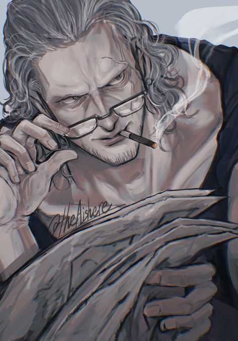 Safebooru - 1boy adjusting eyewear artist name benn beckman black eyes black shirt cigarette facial hair glasses grey hair highres holding holding newspaper la la la la male focus medium hair newspaper one piece scar scar on face shirt smoke smoking solo | 4514915 Holding Newspaper, Ben Beckman, Benn Beckman, Anime Black Hair, Eyes Black, Black Eyes, Webtoon Comics, Picture Search, Manga Pictures