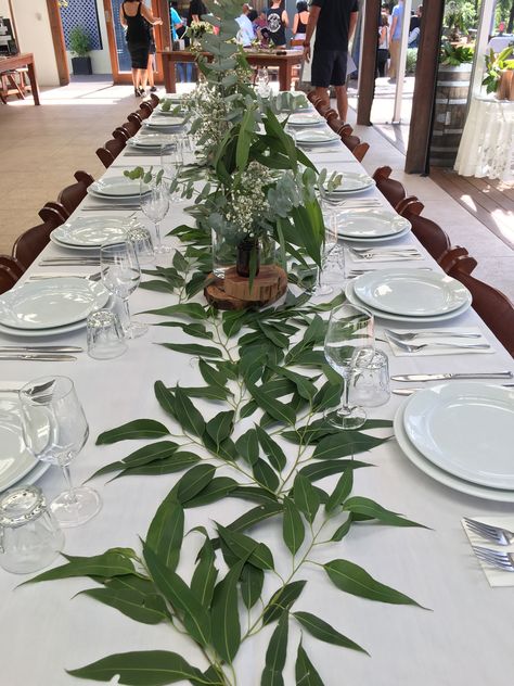 Gum leaf table decoration Leaves Table Setting, Leafy Tablescape, Xmas Setting Table, Leaves Table Decor, Australian Table Decorations, Gum Leaf Table Decorations, Gum Leaves Table Decorations, Christmas Table Decorations Australian, Leaf Centerpiece