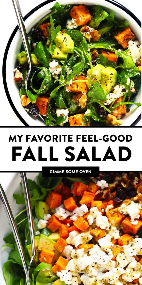 LOVE this Feel-Good Fall Salad! It's made with roasted sweet potato, avocado, arugula, goat cheese, nuts, dried cranberries, and tossed with a simple lemon dressing. It's the perfect healthy autumn dinner recipe, and always so delicious. | Gimme Some Oven #salad #healthy #glutenfree #fall #autumn #avocado #sweetpotato #dinner #dressing #recipe Autumn Salad Recipes, Fall Salad, Salad Buah, Roasted Sweet Potato, One Pot Dinners, Salad Pasta, Autumn Salad, Fall Dinner Recipes, God Mat