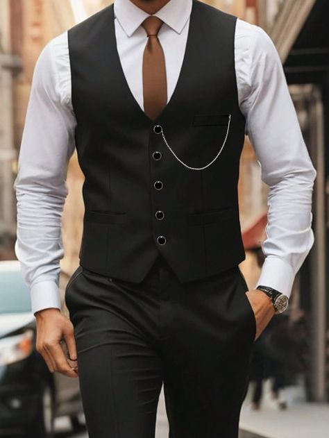 Black Work,Party Collar Sleeveless Woven Fabric Plain  Embellished Non-Stretch Spring/Summer/Fall Men Clothing Dress Shirt And Vest Men Outfit, Suit With Vest Men, Bartender Outfit Men, Party Suits Men, Black Vest Outfit Men, Vest Suit Men, Black Vest Men, Vest Men Outfit, Men Vest Outfits