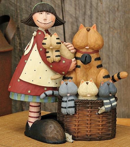 Girl with Basket of Cats Figurine – Williraye Folk Art | Flickr Funny Dolls, Williraye Studio, C Is For Cat, Papel Mache, Clay Animals, Primitive Crafts, Wood Carving Art, Paper Clay, Figurative Sculpture