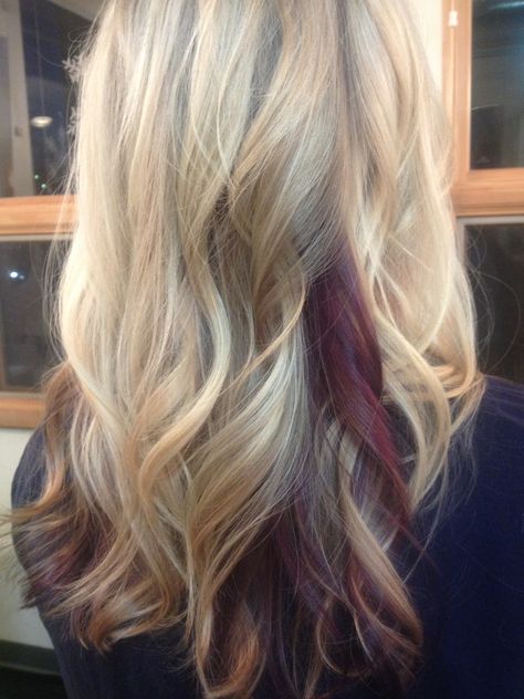 This amazing blonde wanted some "fun, yet professional color' we added a peek-a-boo pop of purple she can play up or keep hidden. Making great hair days at Crimson HairArt Studio! Burgundy Blonde Hair, Blonde Hair Golden, Color Black Hair, Red Peekaboo, Maroon Hair, Peekaboo Highlights, Ombre Blond, Peekaboo Hair, Hair Color Burgundy