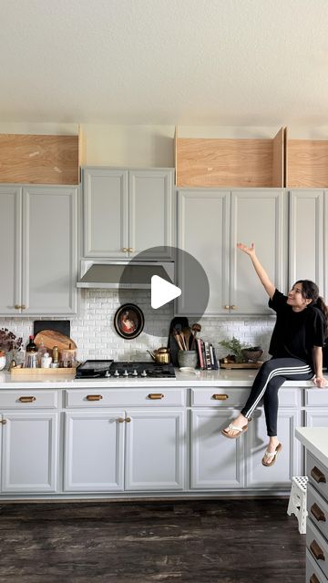 Fariha Nasir (Fa-ree-ha) on Instagram: "Extending my builder grade kitchen cabinets to the ceiling part 1 ✨ not all kitchens need cabinets all the way up to the ceiling but when all you have is a few feet left, it’s best to fill them up with cabinets and more trim 😍 I’ll share all the details in a blog post so you can follow along!  . Now the question is: should I attempt making my own cabinet doors or should I just order custom doors online? 👀 . . . . . . . . #kitchencabinets #diykitchen #kitchenrenovation #kitchenremodel" Kitchen Ideas Top Of Cabinets, Top To Bottom Kitchen Cabinets, Remake Kitchen Cabinets, Use Space Above Kitchen Cabinets, Kitchen Tile To Ceiling Above Cabinets, Ceiling To Countertop Kitchen Cabinets, Different Depth Kitchen Cabinets, White Builder Grade Cabinets, Uneven Cabinets In Kitchen