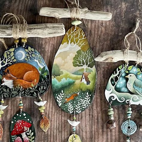 Amanda Clark on Instagram: "Hi friends. The new porcelain wall hangings are now ready and in my Etsy shop. Each one is unique and hand painted with handmade beads. They go quickly so grab yourself one before they go. 🌿. The link to my Etsy shop in under the linktree in my profile. EarthAngelsArts. #porcelainart #uniquegifts #wallhangings #handpaintedgifts #animalart #arttocollect #ceramicart #oneofakind #handmadebeads" Amanda Clark Art, Crafts For Friends, Hanging Mobile Art, Amanda Clark, Recycled Art Projects, Wood Slice Art, Doll House Crafts, Gourds Crafts, Polymer Clay Jewelry Diy