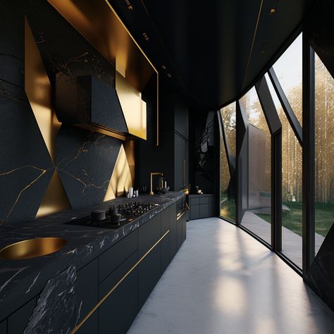 Black Kitchen Inspiration Luxe, Dark European Kitchen, Black And Golden Kitchen, Matte Black House Interiors, Black Gold Kitchen Ideas, Expensive Kitchen Luxury, Black And Gold Kitchen Ideas, Huge Kitchen Luxury, Small Black Kitchen