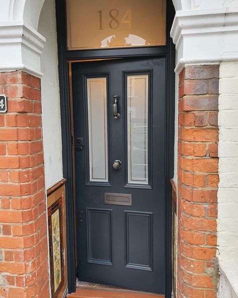 Front Door Ironmongery, Anthracite Front Door, Terrace Hallway, Dark Front Door, Front Door Black, Porch Extension, 90s House, Exterior Door Colors, Door Colour