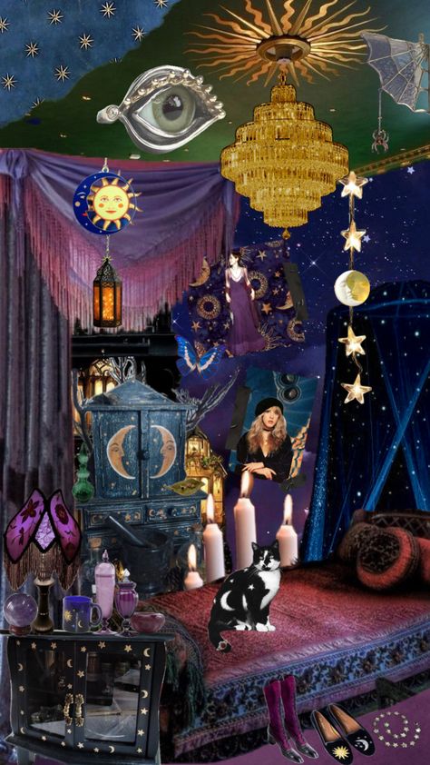 #whimsigoth #whimsigothic #cosmic #witchy #whimsigothaesthetic #witchyaesthetic Whimsigoth Office Space, Whimsigoth Halloween Decor, Modern Mystic Aesthetic, Whimsigoth Curtains, Whimsigoth Tapestry, Cosmic Wizard, Cosmic Room, Whimsigoth Bathroom, Esoteric Decor