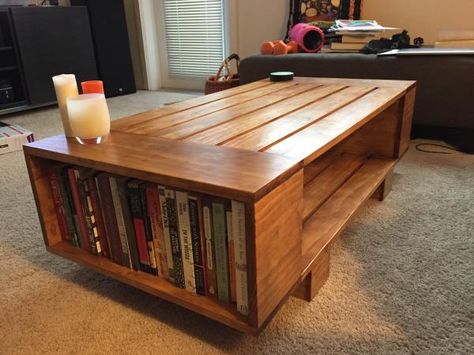 DIY Slat Coffee Table with Incorporated Book Shelves Coffee Table Made From Pallets, Slat Coffee Table, White Storage Bench, Best Coffee Table Books, Coffee Table Bookshelf, Coffee Table Makeover, Table Bookshelf, Woodworking Projects Furniture, White Storage