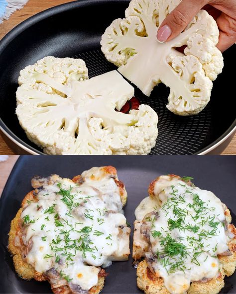 Cauliflower Steak with Mushroom Topping: A Vegetarian Delight Cauliflower Steaks With Mushrooms, Cauliflower Steak With Mushrooms, Mushrooms And Cauliflower Recipes, Cauliflower Mushroom Recipes, Steaks Recipes, Parmesan Zucchini Fries, Ms Recipes, Cauliflower Steak, Roasted Cauliflower Steaks