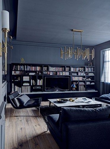 Possible Rooms Applied with Dark Moody Design ~ Matchness.com Blue Basement, Basement Paint Colors, Dark Basement, Blue Wall Colors, Blue Accent Walls, Living Room Wall Color, Navy Blue Walls, Elegant Interior Design, Basement Makeover